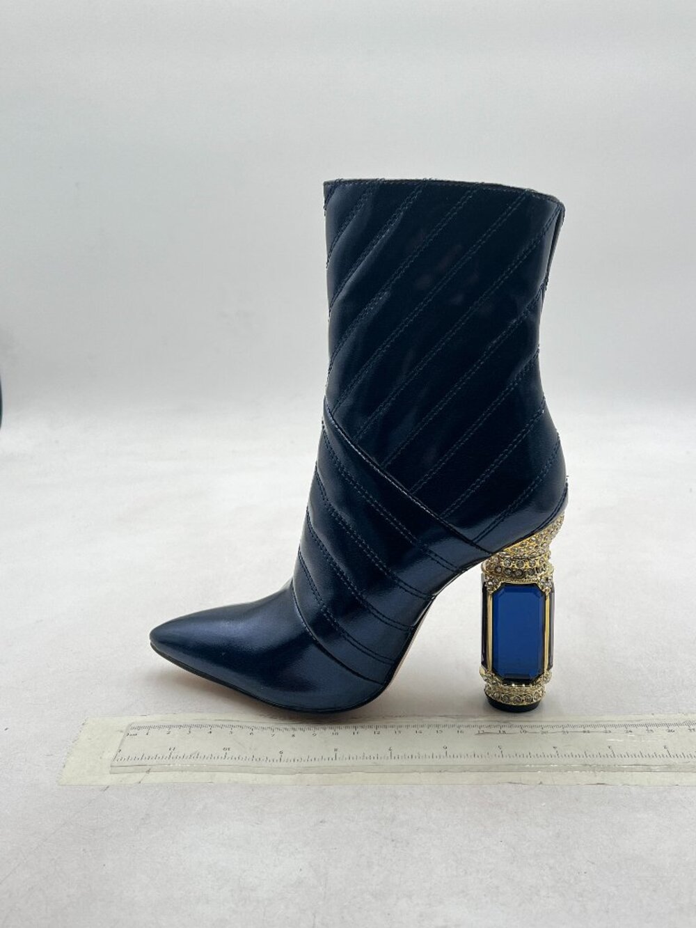 FSJ Navy Pointed Toe Crystal High Heel Ankle Boots Glossy Side Zipper Shoes